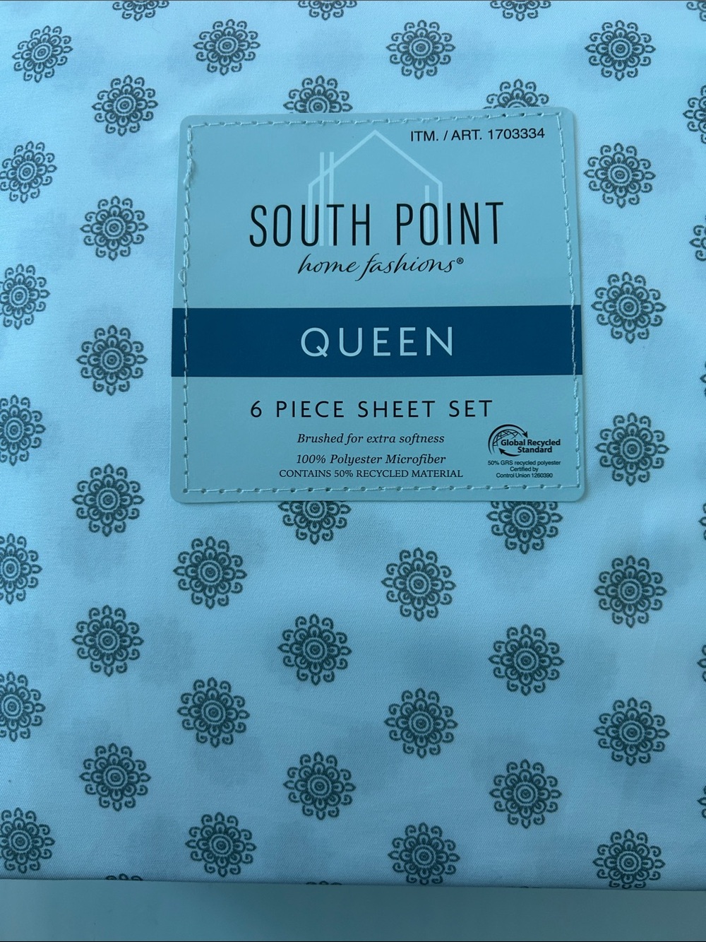 South Point Queen Sheet Set in Light Blue with Gray Medallion